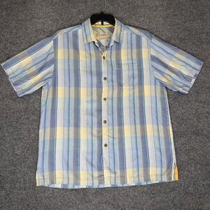Tommy Bahama Silk Shirt Plaid Short Sleeve Button Up‎ Casual Men's Blue Large